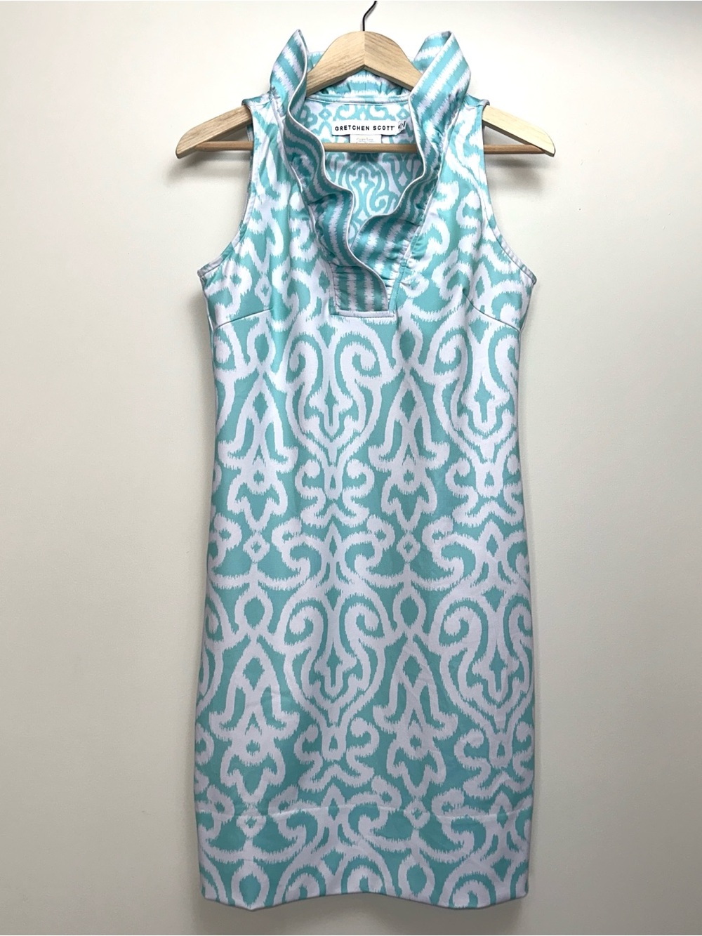 GRETCHEN SCOTT Ruff Neck Sleeveless Dress in Sea Green and White